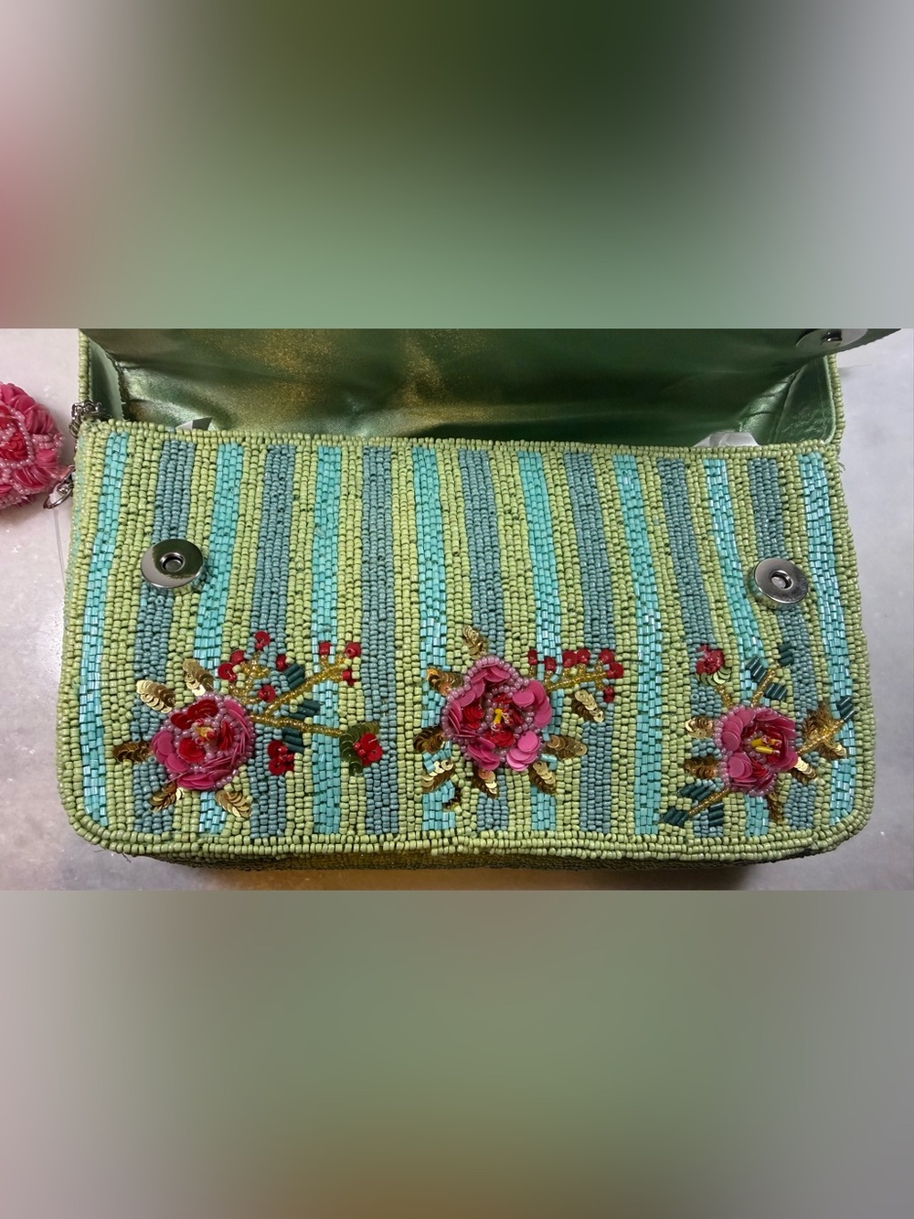 NEW RELEASE Pink Roses Beaded Bag With Green Stripes and Matching Charm NWT - Picture 8 of 9